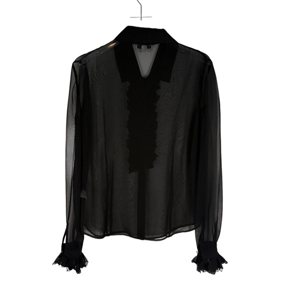 St John Womens Black Sheer Ruffle Front Button Up Blouse Size 10 Crystal Buttons - Picture 13 of 14